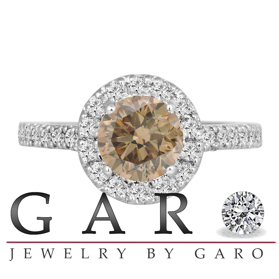 Platinum Brown Champagne Diamond Engagement Ring 1.58 Carat Halo Certified Handmade
