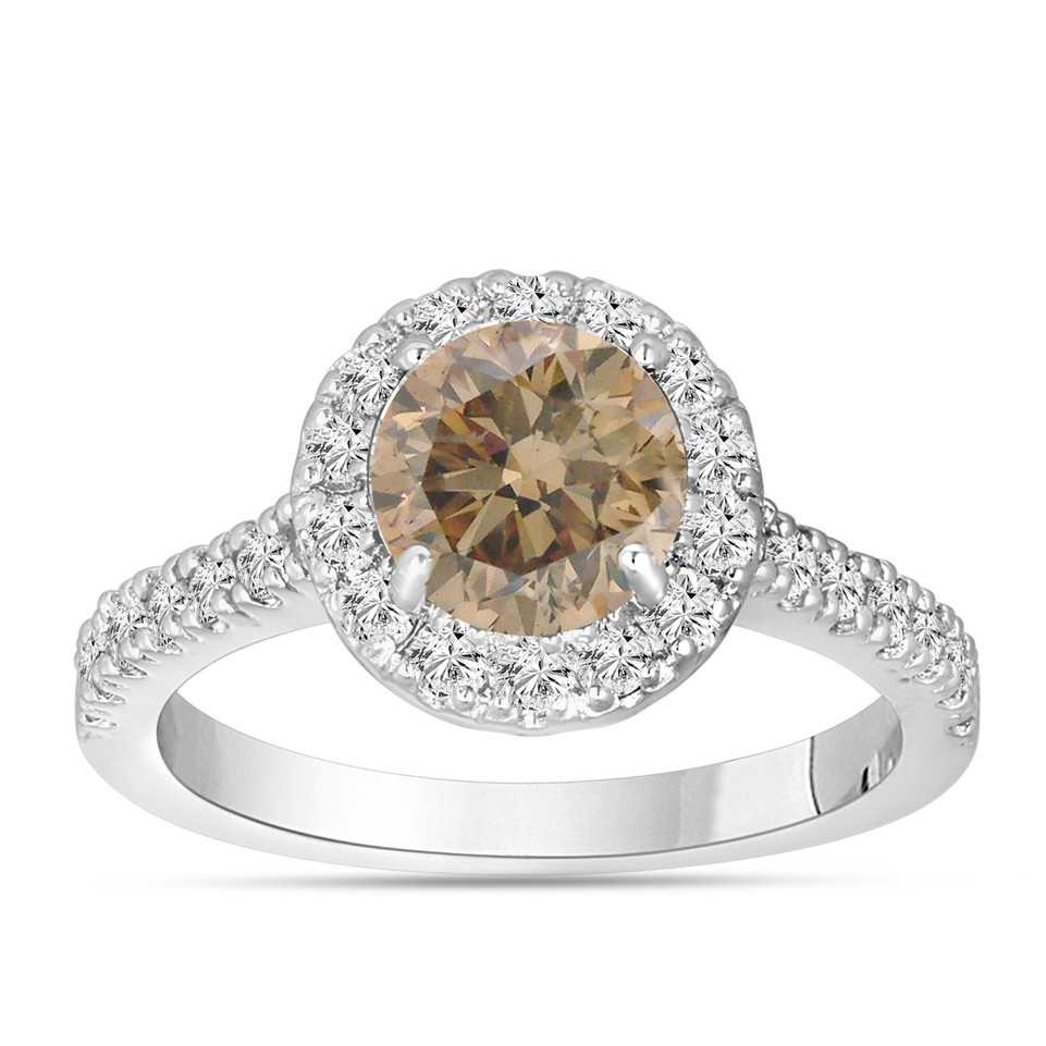 Fancy Champagne Brown Diamond Engagement Ring 14K White Gold 1.60 Carat Halo Certified Handmade
