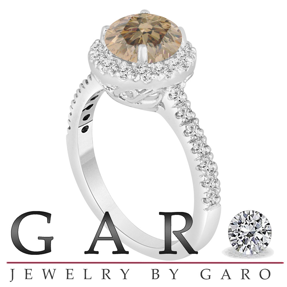 Fancy Champagne Brown Diamond Engagement Ring 14K White Gold 1.60 Carat Halo Certified Handmade
