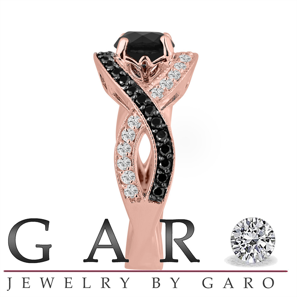 Black and White Diamonds Twisted Engagement Ring 1.52 Carat 14K Rose Gold Unique Certified Handmade