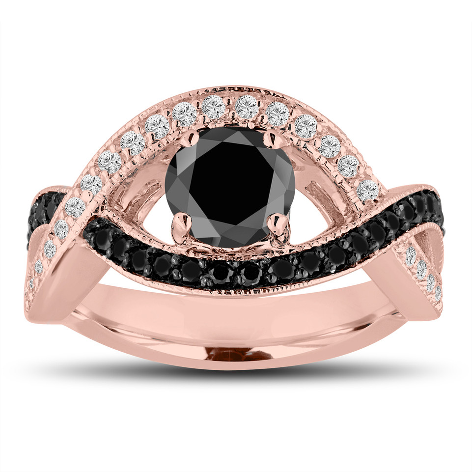 Black and White Diamonds Twisted Engagement Ring 1.52 Carat 14K Rose Gold Unique Certified Handmade
