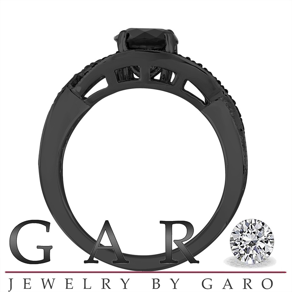 Black Diamond Twisted Engagement Ring 1.52 Carat 14K Black Gold Vintage Style Handmade Certified