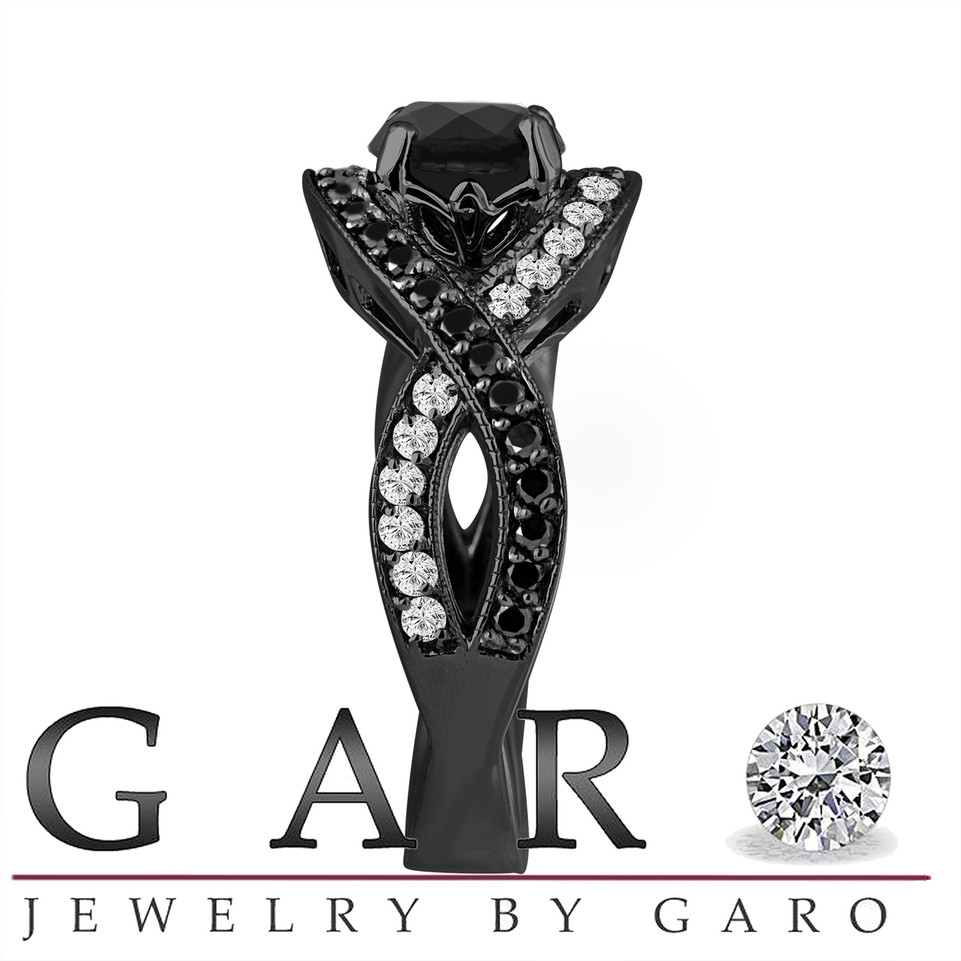Black Diamond Twisted Engagement Ring 1.52 Carat 14K Black Gold Vintage Style Handmade Certified