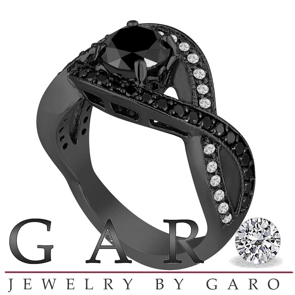 Black Diamond Twisted Engagement Ring 1.52 Carat 14K Black Gold Vintage Style Handmade Certified