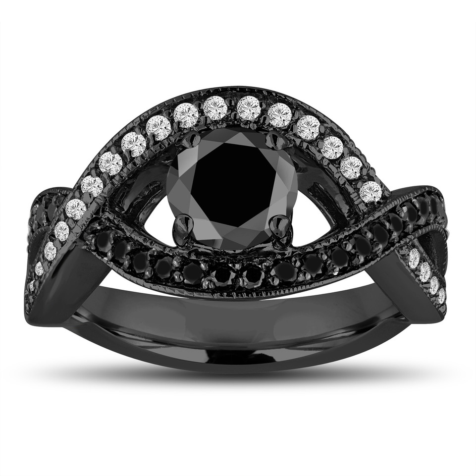 Black Diamond Twisted Engagement Ring 1.52 Carat 14K Black Gold Vintage Style Handmade Certified