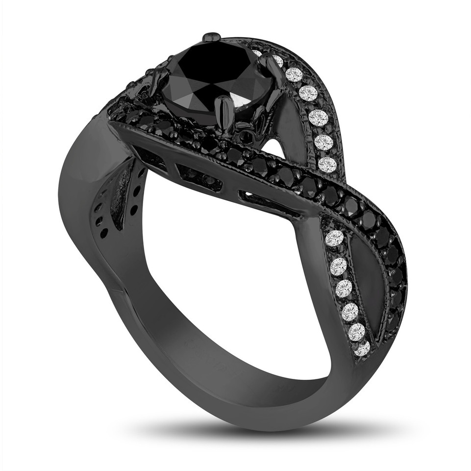 Black Diamond Twisted Engagement Ring 1.52 Carat 14K Black Gold Vintage Style Handmade Certified