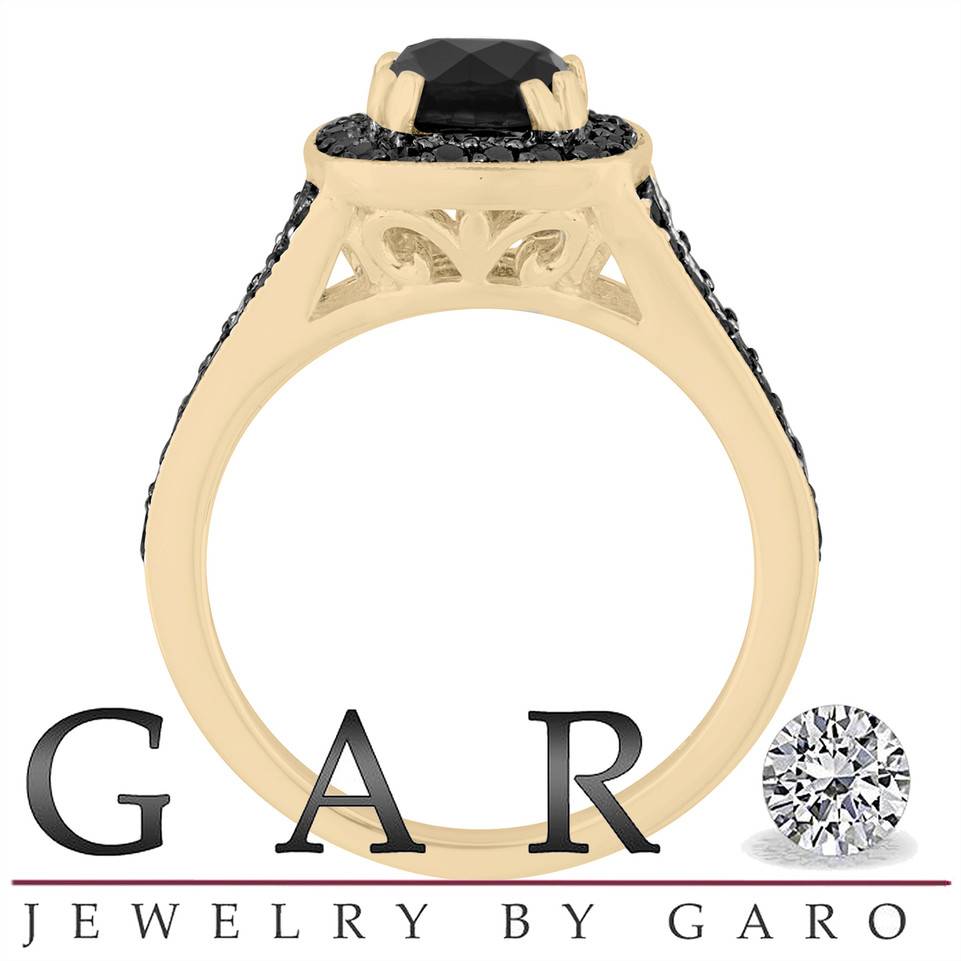 Black Diamonds Engagement Ring 14K Yellow Gold 1.60 Carat Unique Halo Pave Bridal Handmade