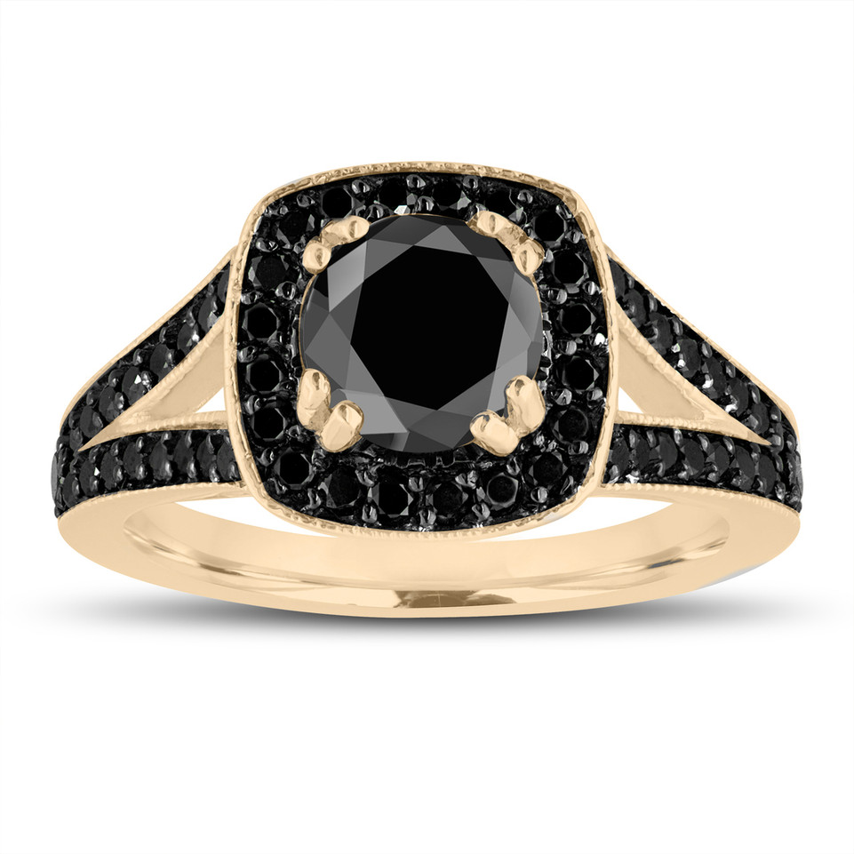 Black Diamonds Engagement Ring 14K Yellow Gold 1.60 Carat Unique Halo Pave Bridal Handmade