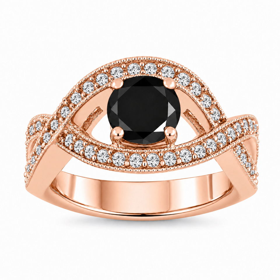 1.52 Carat Black Diamond Twisted Engagement Ring 14K Rose Gold Unique Handmade Certified