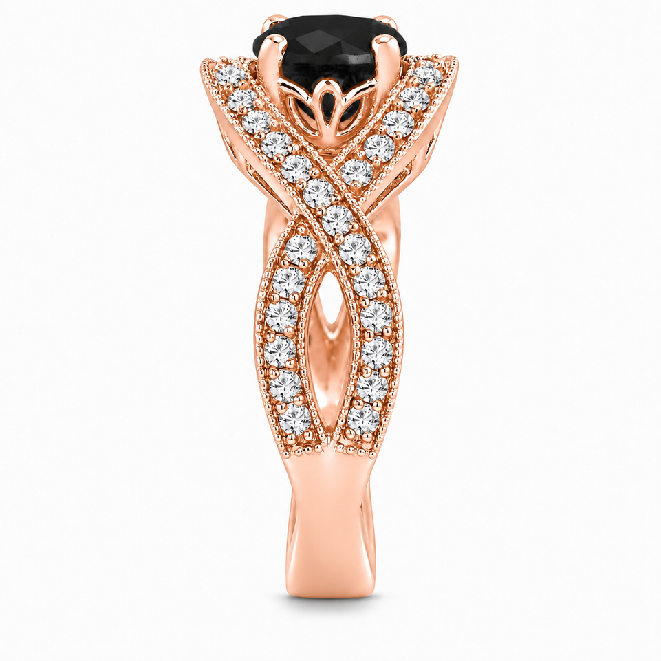 1.52 Carat Black Diamond Twisted Engagement Ring 14K Rose Gold Unique Handmade Certified