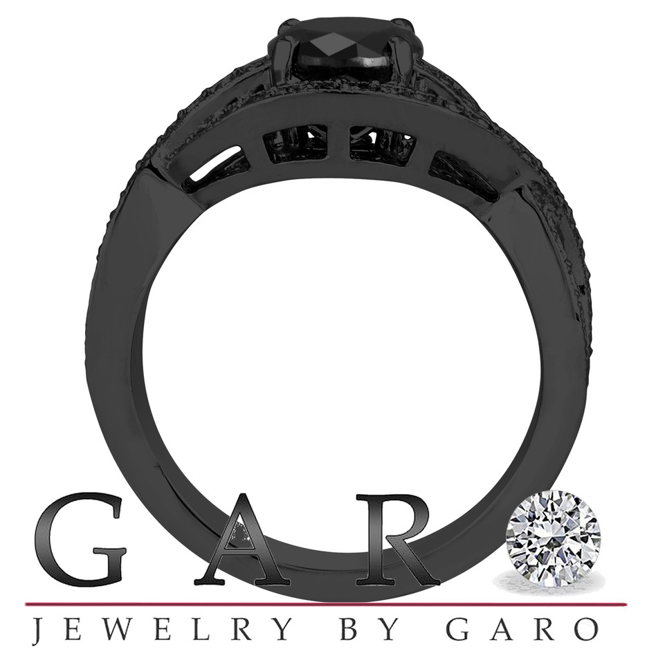 Black Diamond Twist Engagement Ring 14k Black Gold Vintage Style 1.52 Carat Unique Halo Handmade Certified