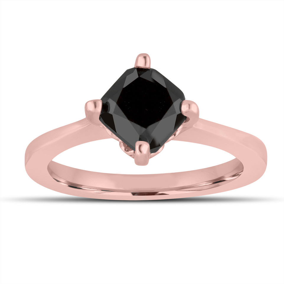 Cushion Cut Fancy Black Diamond Solitaire Engagement Ring 14K Rose Gold 1.55 Carat Unique Gallery Design handmade