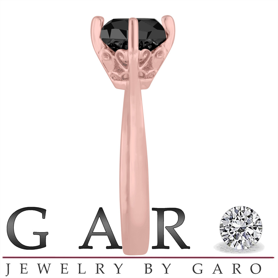 Cushion Cut Fancy Black Diamond Solitaire Engagement Ring 14K Rose Gold 1.55 Carat Unique Gallery Design handmade