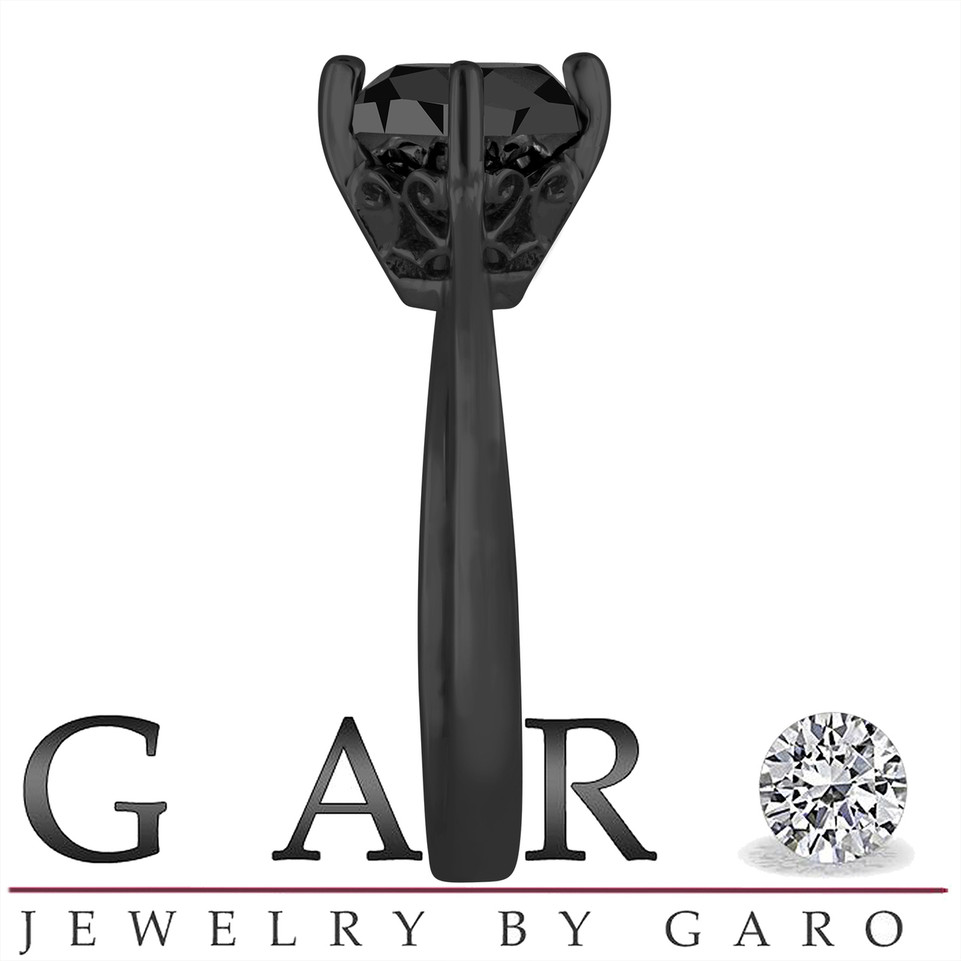 Cushion Cut Black Diamond Solitaire Engagement Ring 14K Black Gold Vintage Style 1.55 Carat Unique Gallery Design handmade