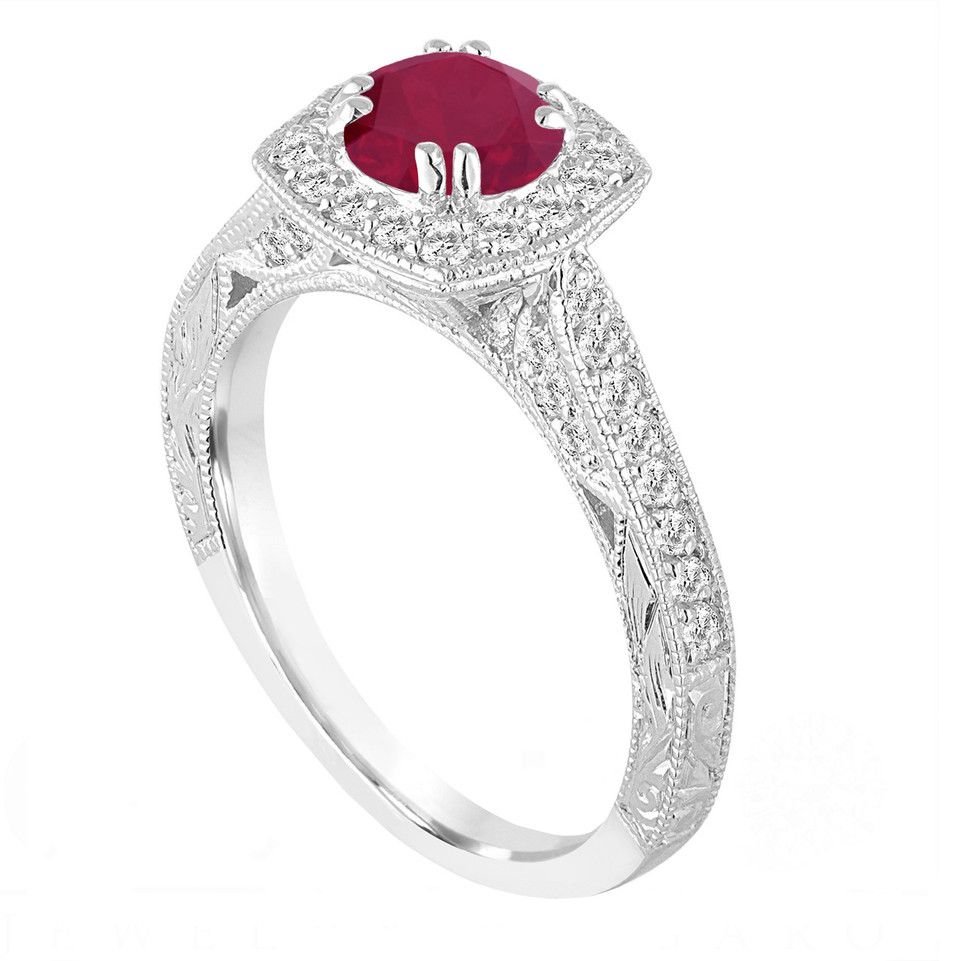 Platinum Red Ruby and Diamonds Engagement Ring 1.32 Carat Vintage Antique Style Hand Engraved Halo Pave

