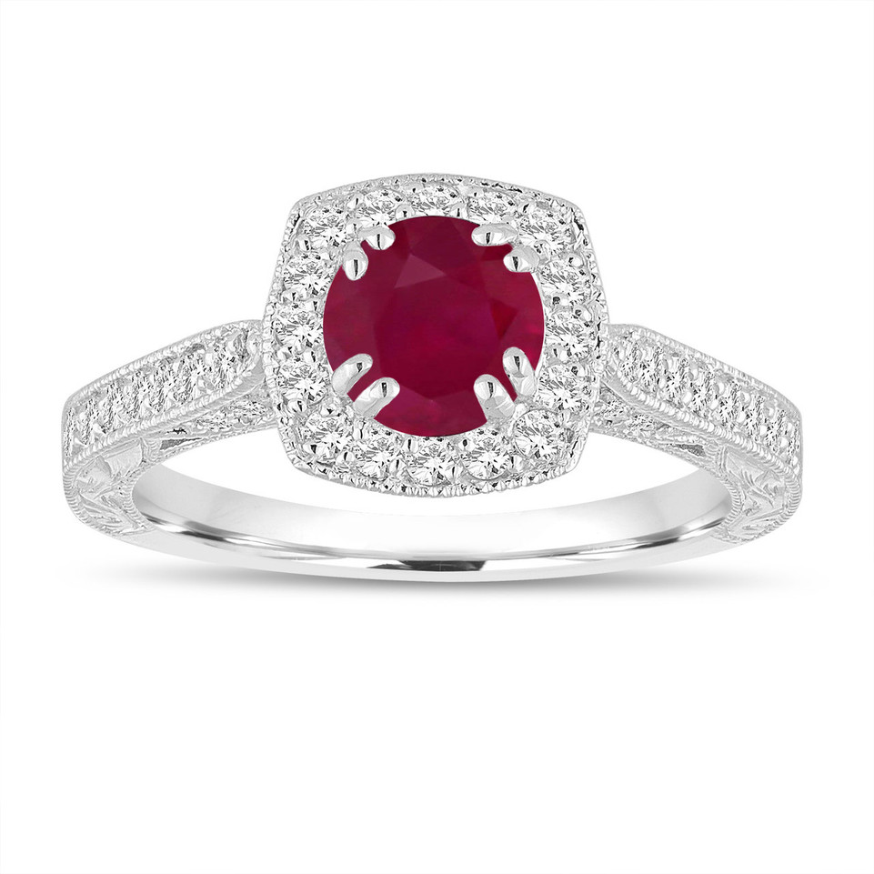 Platinum Red Ruby and Diamonds Engagement Ring 1.32 Carat Vintage Antique Style Hand Engraved Halo Pave

