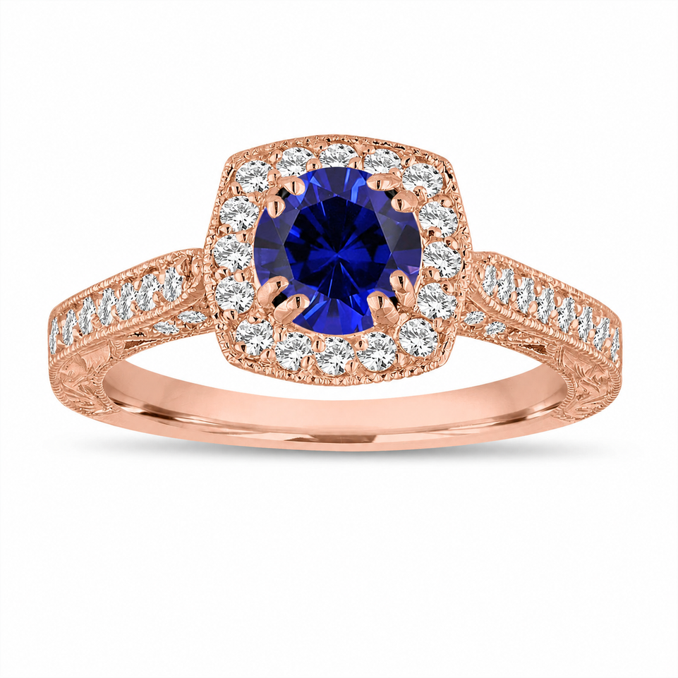 Blue Sapphire And Diamonds Halo Engagement Ring 1.50 Carat 14K Rose Gold Vintage Style Hand Engraved Certified