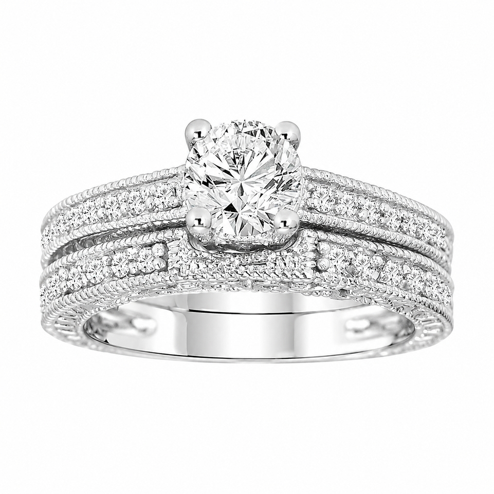 Diamond Engagement Ring And Wedding Band Sets 14K White Gold Gia Certified  0.76 Carat Vintage Style Engraved Handmade