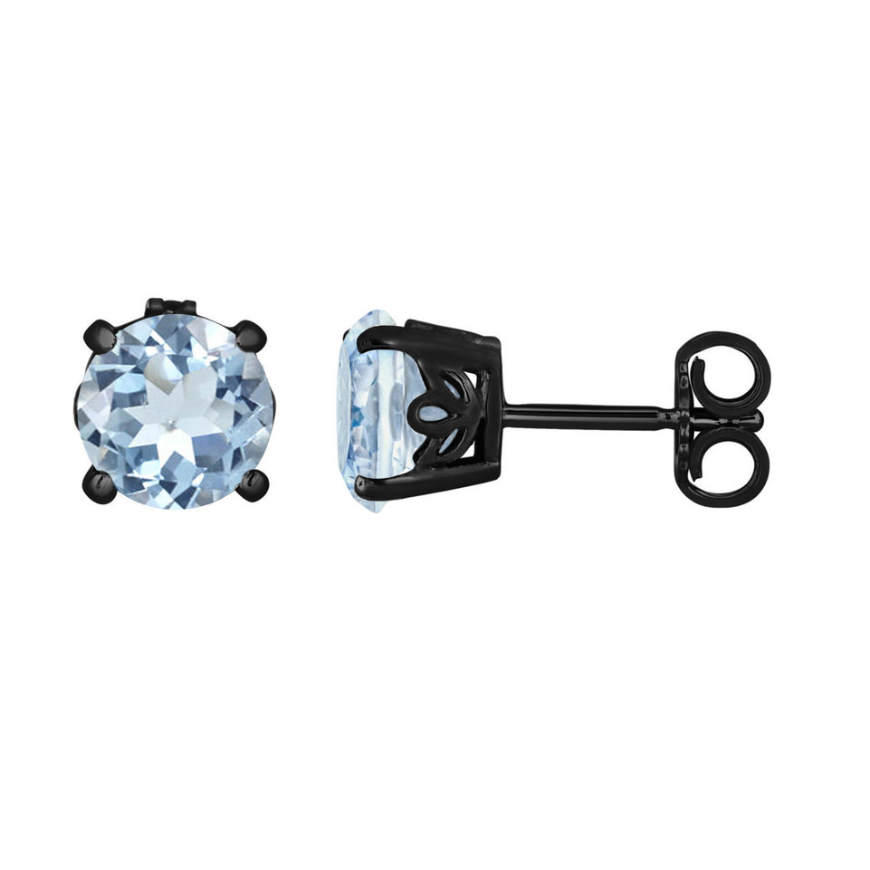 Aquamarine Stud Earrings 1.70 Carat 14K Black Gold Vintage Style Handmade Gallery Designs Birthstone
