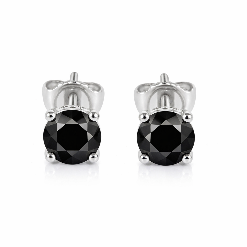 Platinum Black Diamond Stud Earrings 1.00 Carat Gallery Design Handmade