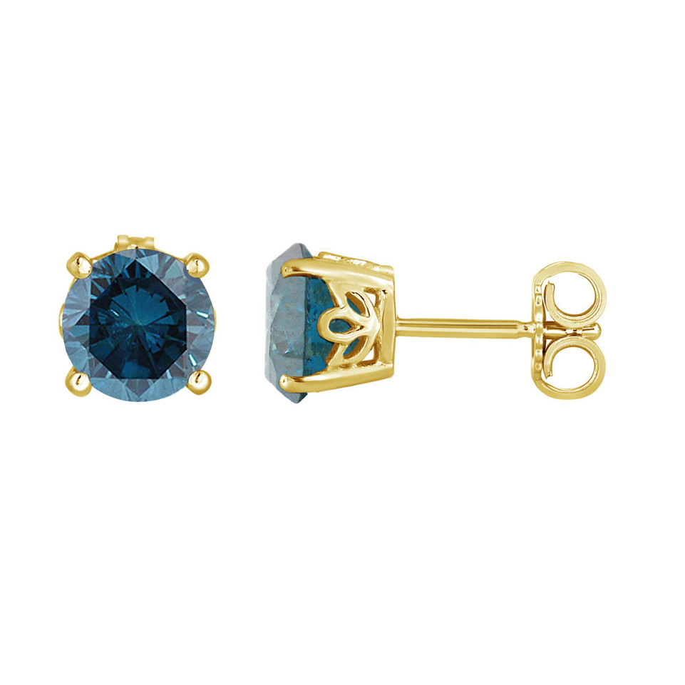 Blue Diamond Stud Earrings 2.00 Carat 14K Yellow Gold Gallery Design Handmade Certified