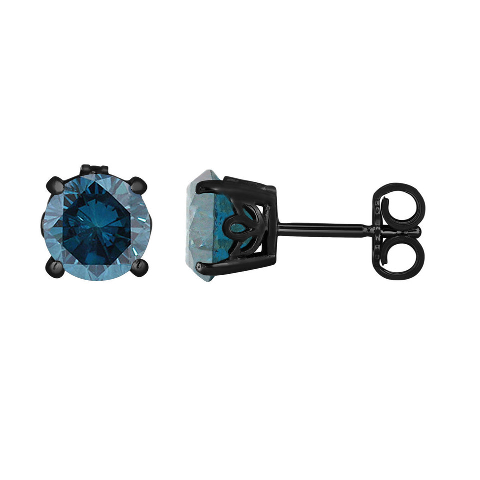 Blue Diamond Stud Earrings 2.00 Carat 14K Black Gold Vintage Style Gallery Design Handmade Certified
