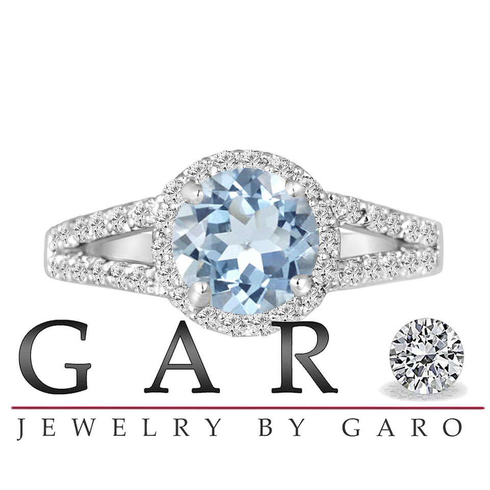 Aquamarine Engagement Ring 14K White Gold 2.12 Carat Handmade Halo Pave Birthstone Certified

