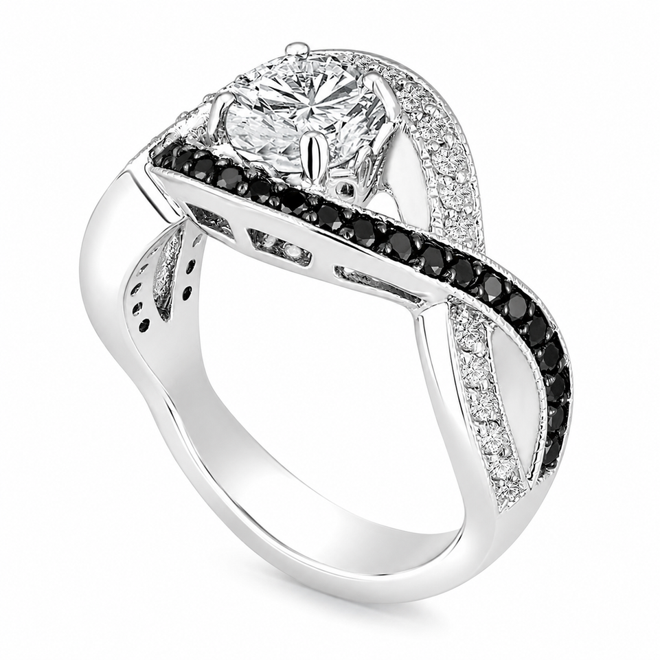 GIA Certified Black and White Diamonds Twisted Engagement Ring 1.53 Carat 14k White Gold Unique Handmade