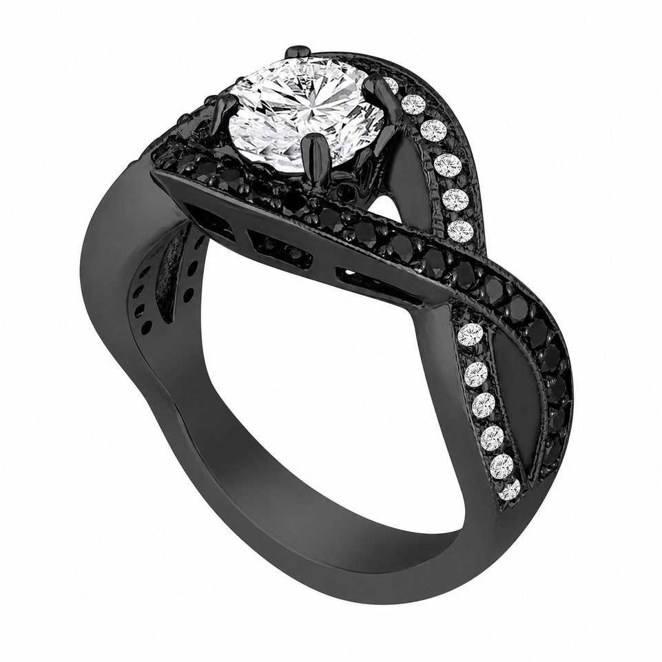 Natural Diamond Twisted Engagement Ring 14K Black Gold Vintage Style Unique Handmade