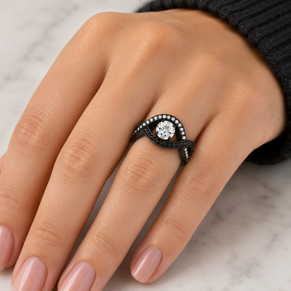 Natural Diamond Twisted Engagement Ring 14K Black Gold Vintage Style Unique Handmade