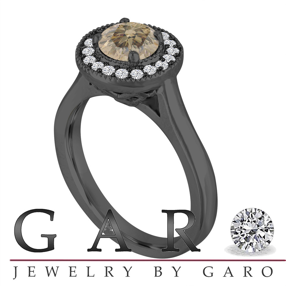 Fancy Champagne Brown Diamond Engagement Ring 14k Black Gold Vintage Stye 0.94 Carat handmade Halo Pave

