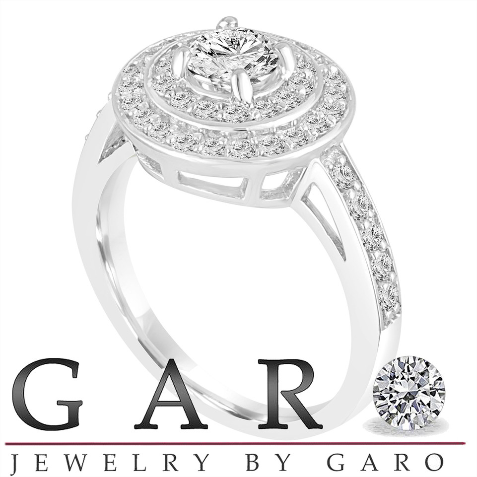 1.04 Carat Natural Diamond Double Halo Engagement Ring GIA Certified 14K White Gold Handmade