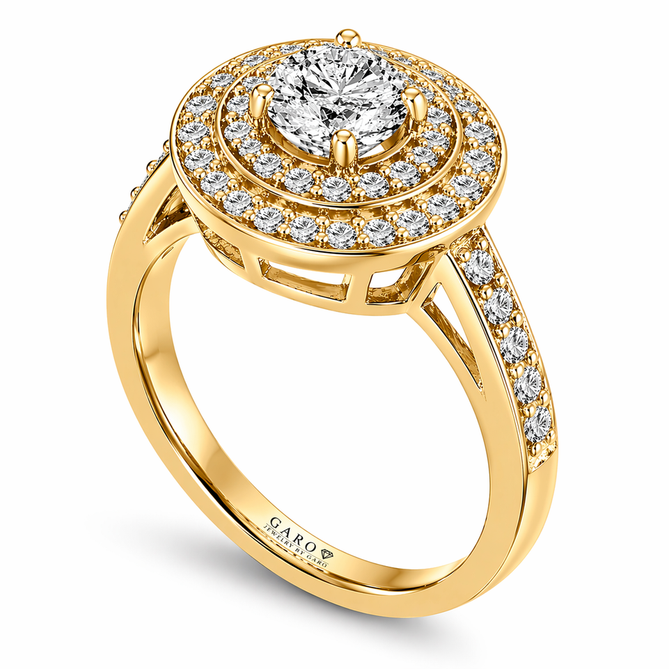 Natural Diamond Double Halo Engagement Ring 1.04 Carat 14K Yellow Gold GIA Certified Handmade