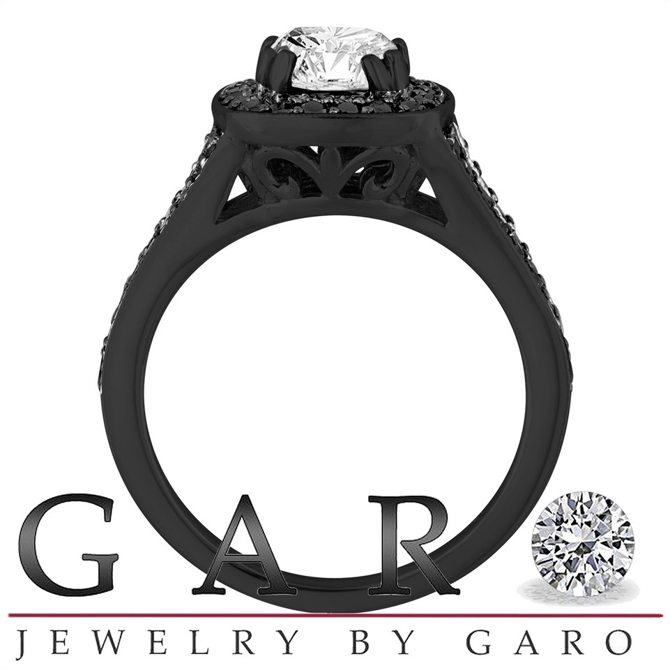 White and Fancy Black Diamonds Engagement Ring 1.57 Carat 14K Black Gold Vintage Style Halo Pave Handmade