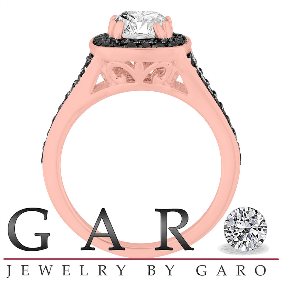 Natural White And Black Diamonds Halo Engagement Ring GIA Certified 1.57 Carat 14K Rose Gold Unique Handmade