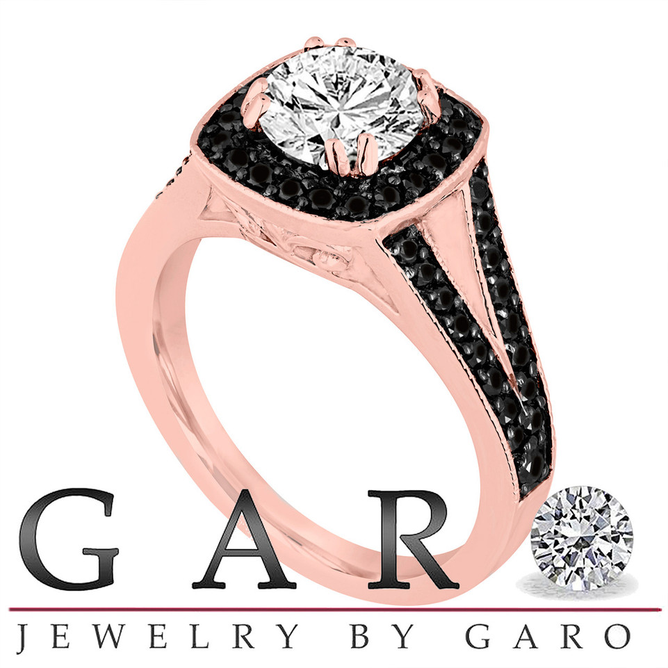 Natural White And Black Diamonds Halo Engagement Ring GIA Certified 1.57 Carat 14K Rose Gold Unique Handmade