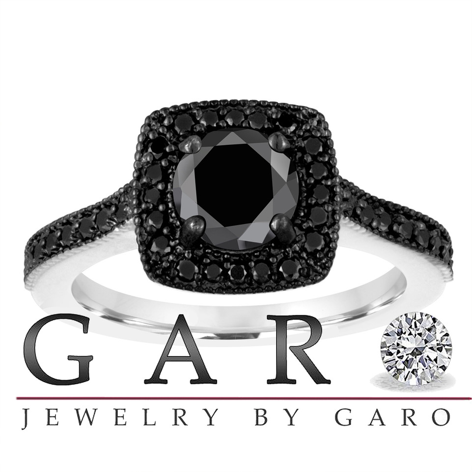 Black Diamond Engagement Ring 18K White Gold 1.28 Carat Halo Pave Certified Handmade