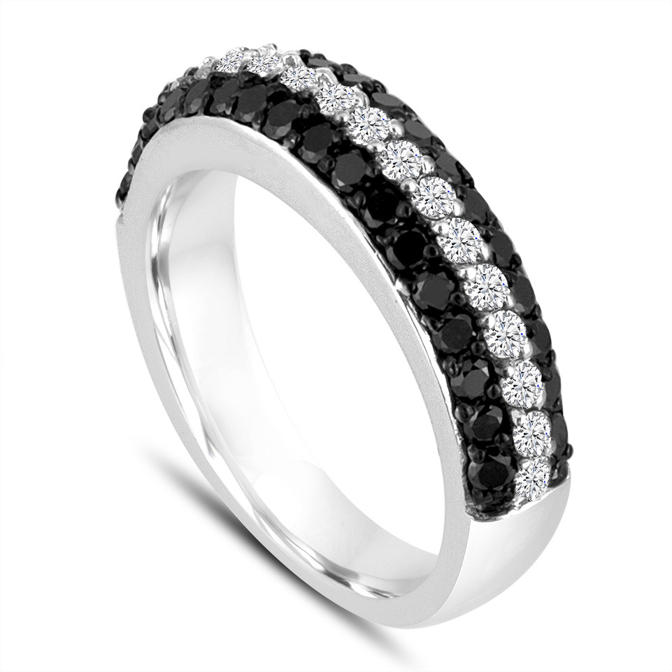  Black & White Diamonds Wedding Band 14k White Gold Half Eternity 3 Rows Pave Unique 0.84 Carat