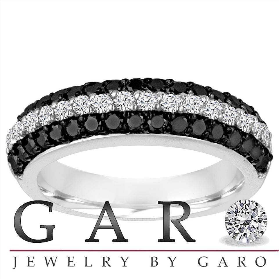  Black & White Diamonds Wedding Band 14k White Gold Half Eternity 3 Rows Pave Unique 0.84 Carat
