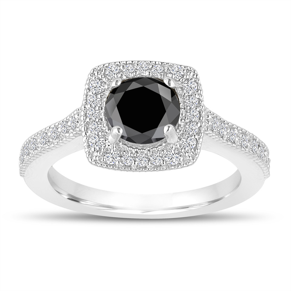 Black Diamond Halo Engagement Ring 1.30 Carat 14K White Gold Certified Handmade