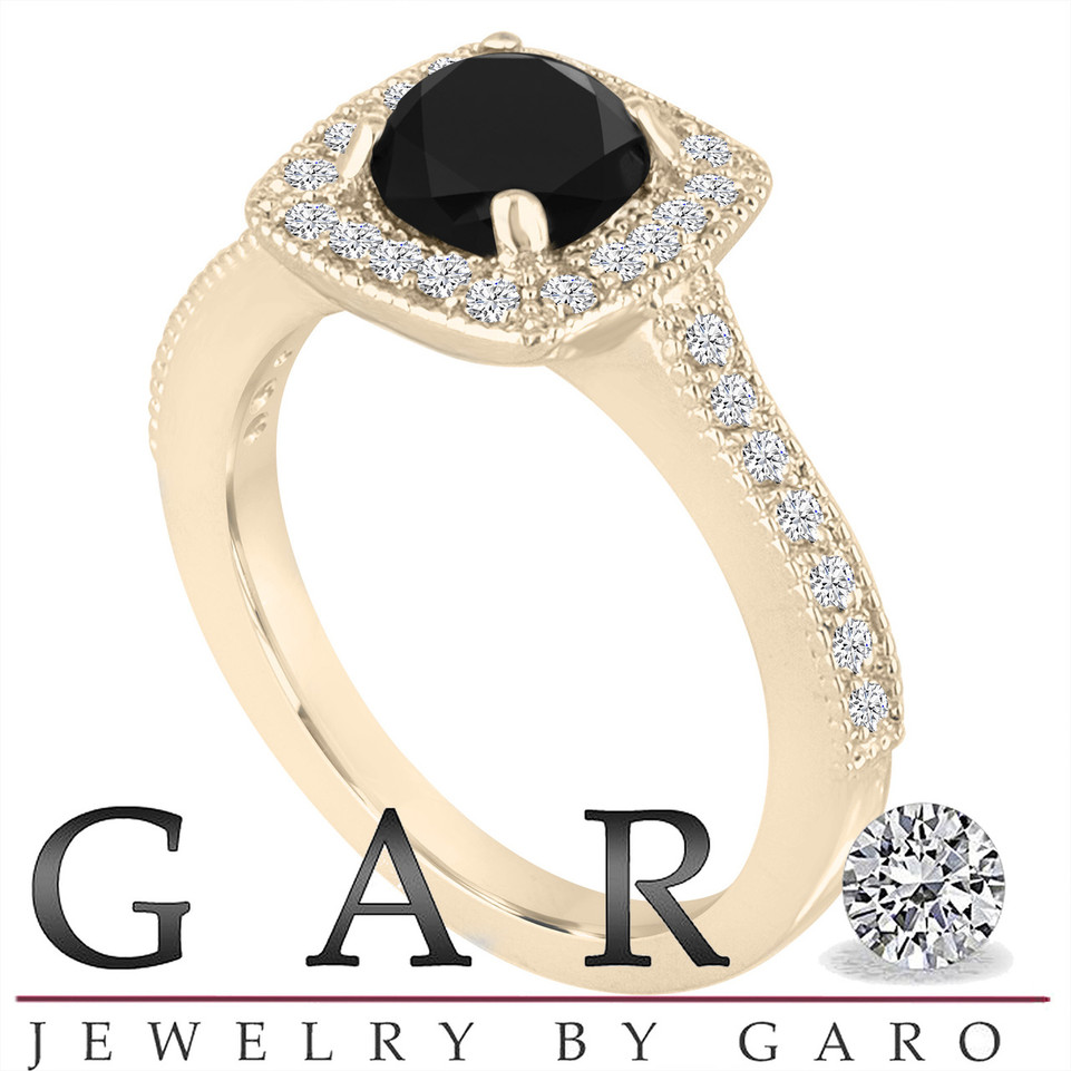 Black Diamond Halo Engagement Ring 1.30 Carat 14K Yellow Gold Certified Handmade
