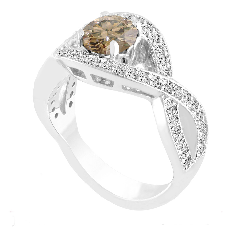 Platinum Champagne Diamond Twisted Engagement Ring 1.53 Carat Certified Handmade
