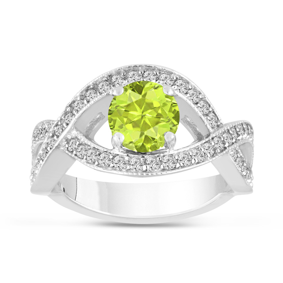 1.52 Carat Peridot Twisted Engagement Ring 14K White Gold Certified Handmade
