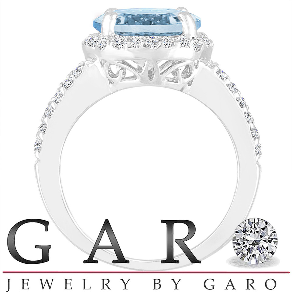 3.58 Carat Aquamarine Halo Engagement Ring 14K White Gold Split Shank Handmade Certified