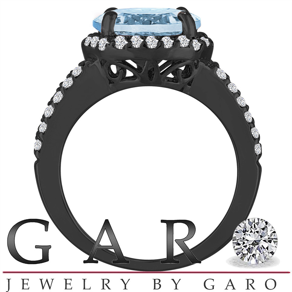 Aquamarine Engagement Ring 3.58 Carat 14K Black Gold Vintage Style Halo Split Shank Handmade Certified