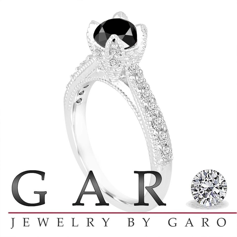 Certified Fancy Black Diamond Engagement Ring 14K White Gold 1.00 Carat Unique Vintage Style Handmade Pave