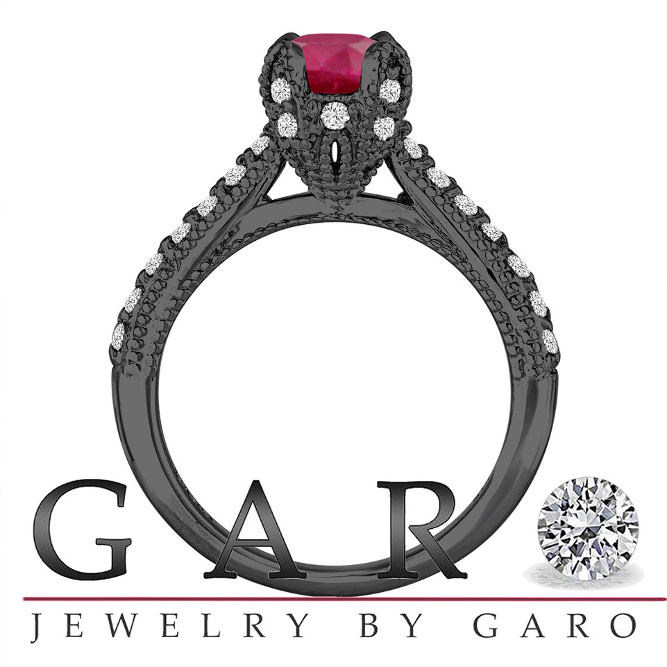 Ruby Engagement Ring 14K Black Gold Vintage Style 0.85 Carat Unique Handmade Certified