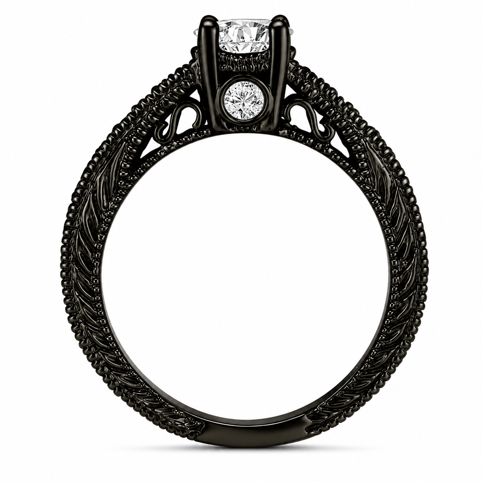 Natural Diamond Engagement Ring Unique Scroll Vintage Style 0.75 Carat 14K Black Gold GIA Certified Handmade