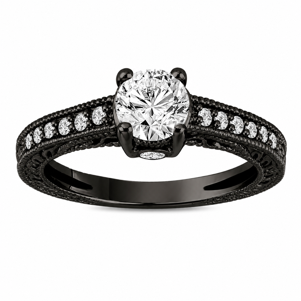 Natural Diamond Engagement Ring Unique Scroll Vintage Style 0.75 Carat 14K Black Gold GIA Certified Handmade