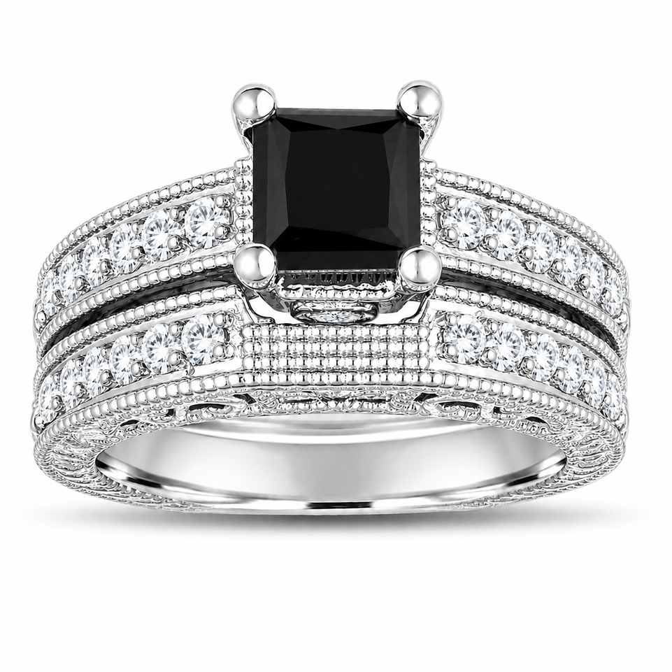 1.81 Carat Princess Cut Black Diamond Filigree Engagement Ring and Wedding Band Set 14K White Gold, Yellow Gold Or Rose Gold Unique Certified Handmade